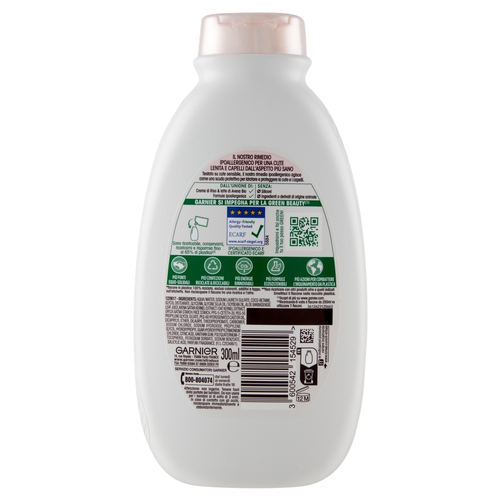 Garnier Ultra Dolce Shampoo Delicatezza D'Avena capelli delicati Crema di riso e latte d'avena 300ml